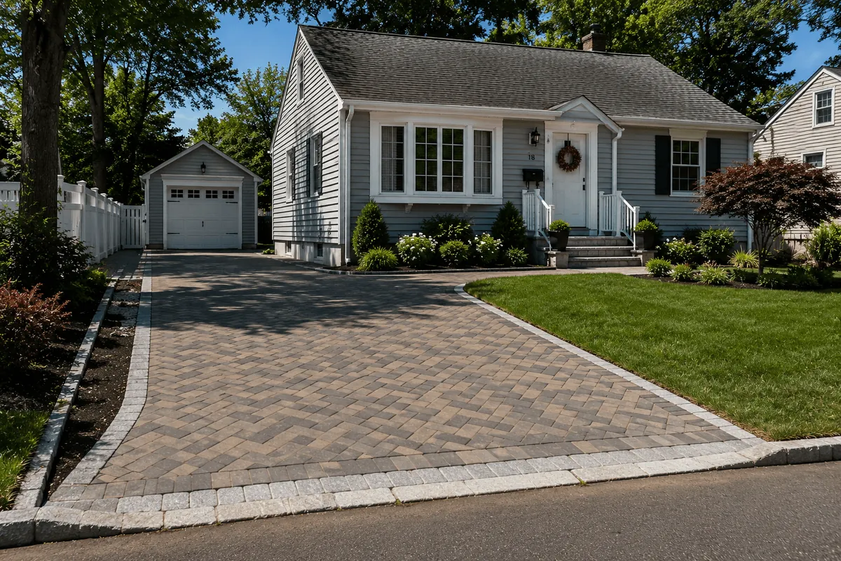 A herringbone paver driveway in front of a house in Huntington