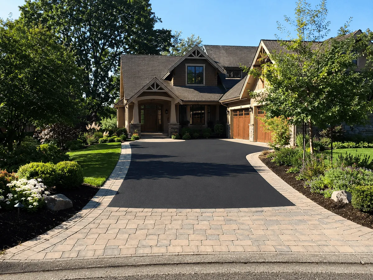 A new asphalt driveway with a paver apron in East Hills
