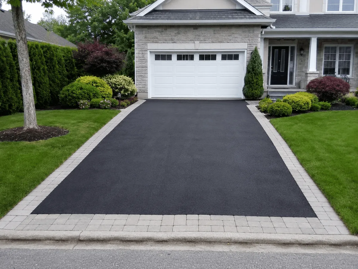 A sealed driveway with a paver border in Massapequa