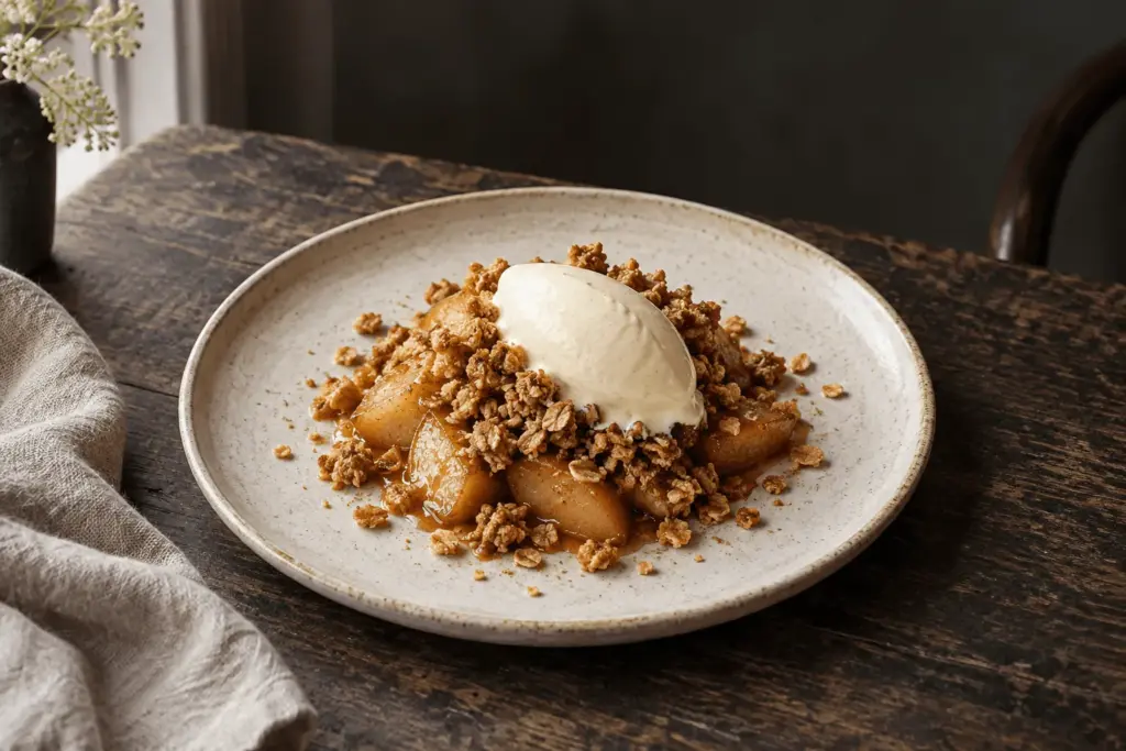 Warm apples with oat crumble and vanilla cream