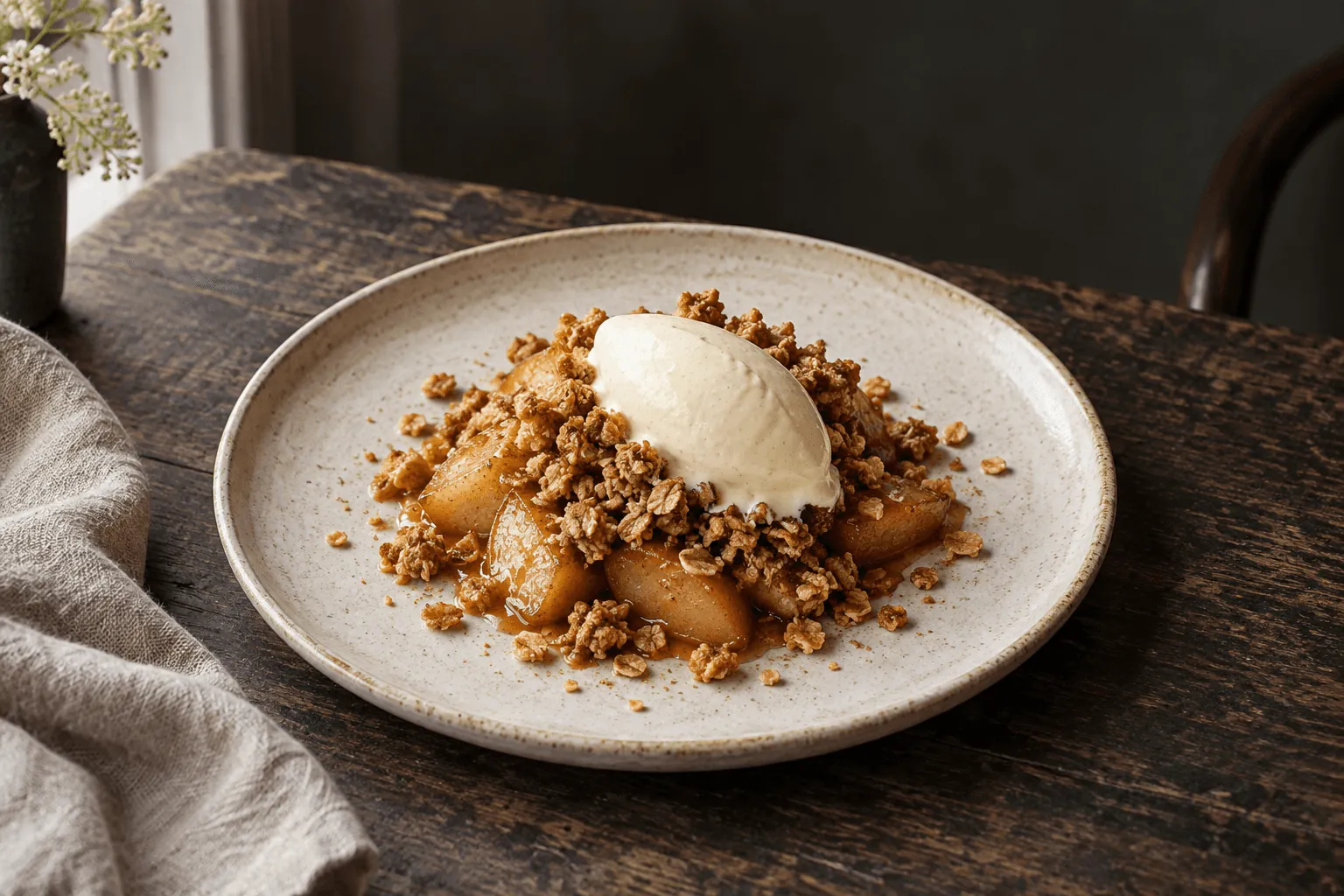 Warm apples with oat crumble and vanilla cream