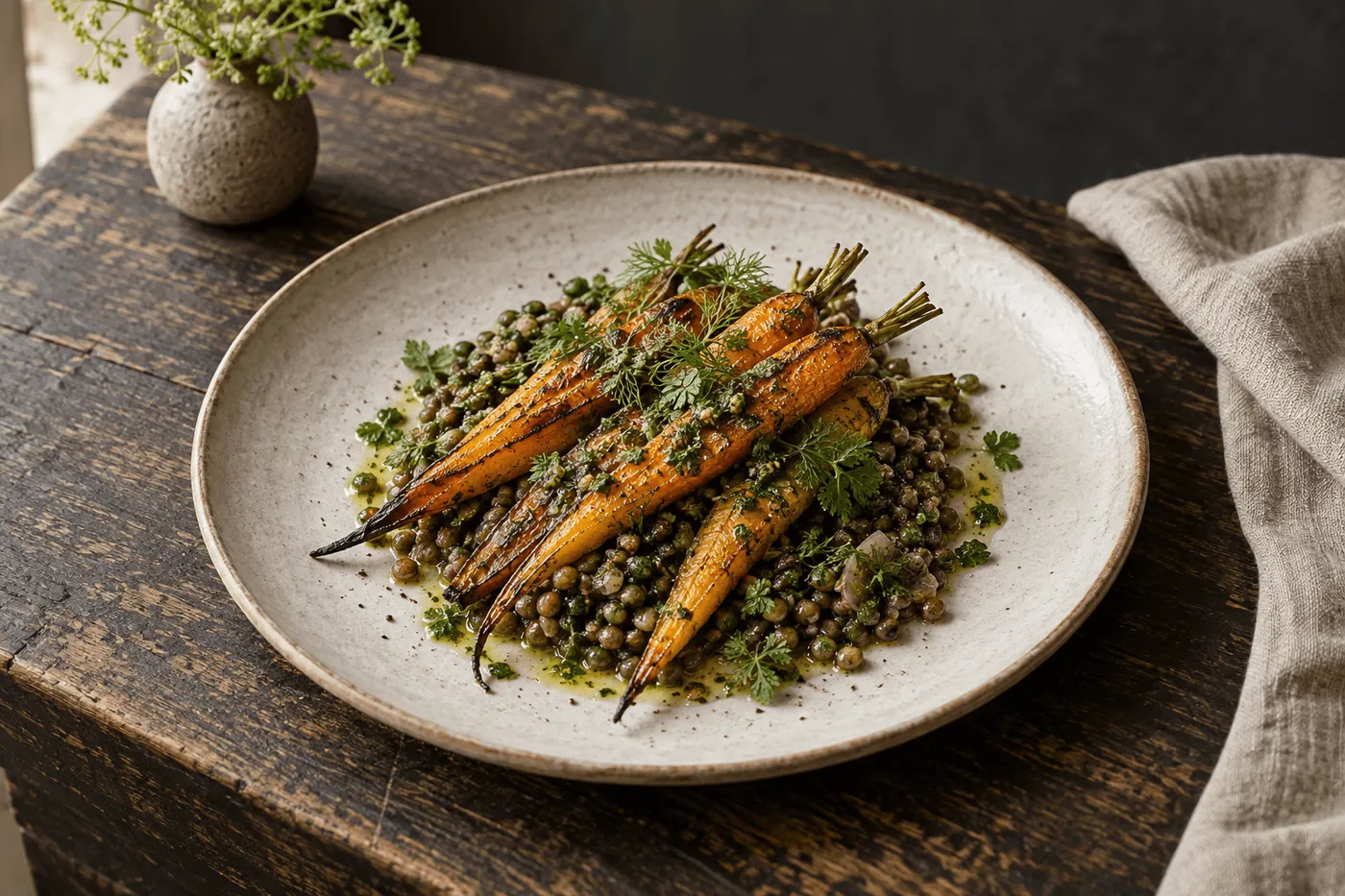 Roasted carrots with warm lentils and green dressing