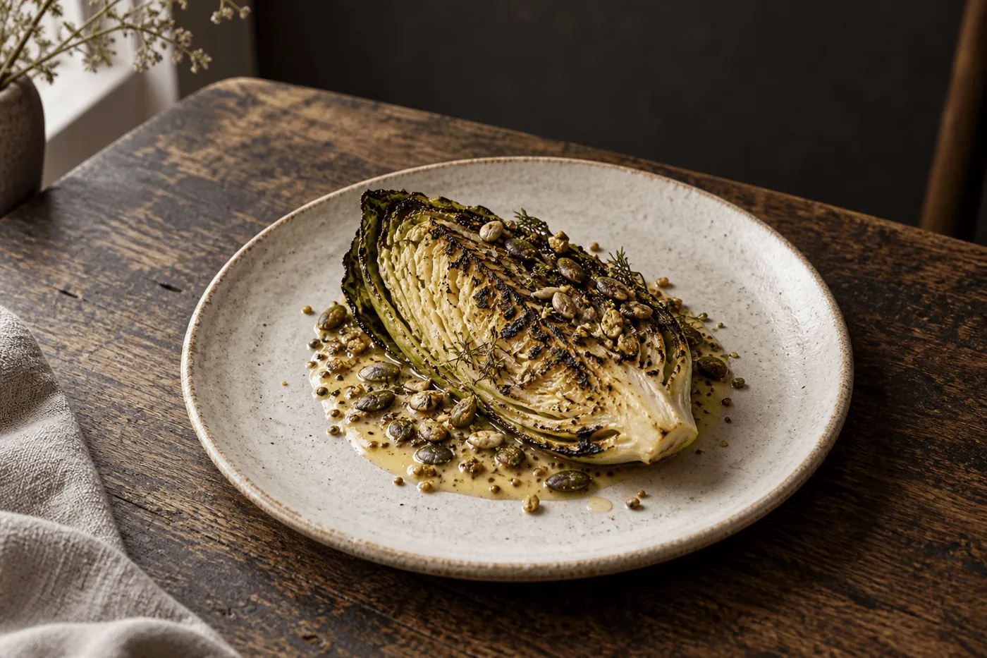 Charred cabbage with toasted seeds and mustard dressing