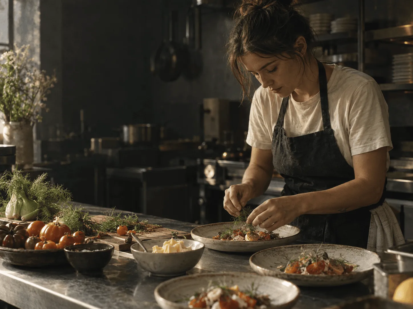 A chef preparing seasonal plates at the kitchen pass
