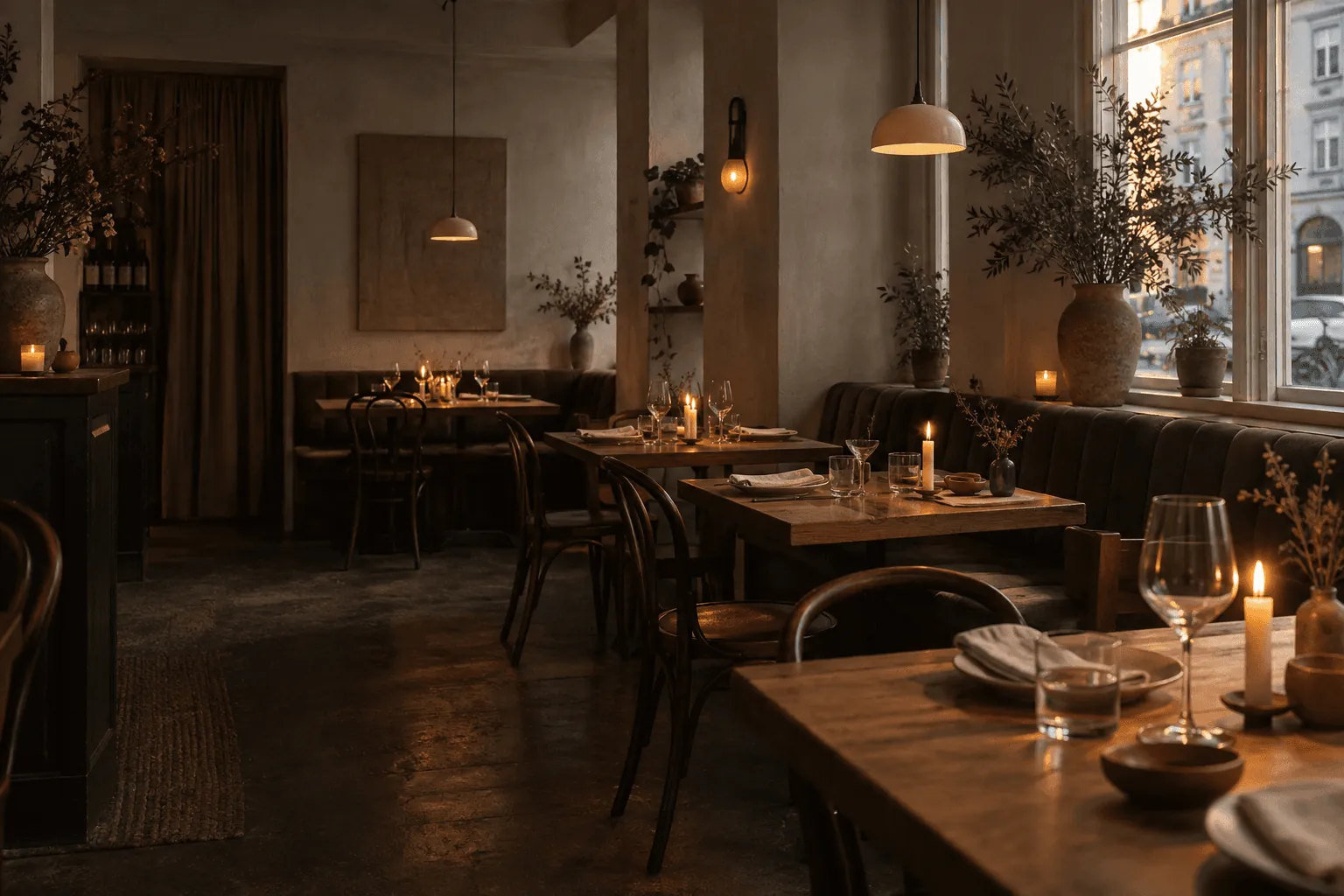 The dining room with oak tables and candlelight