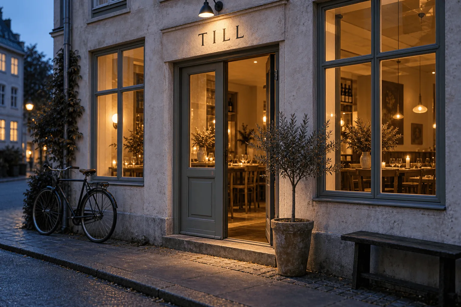 The restaurant’s entrance lit up in the evening