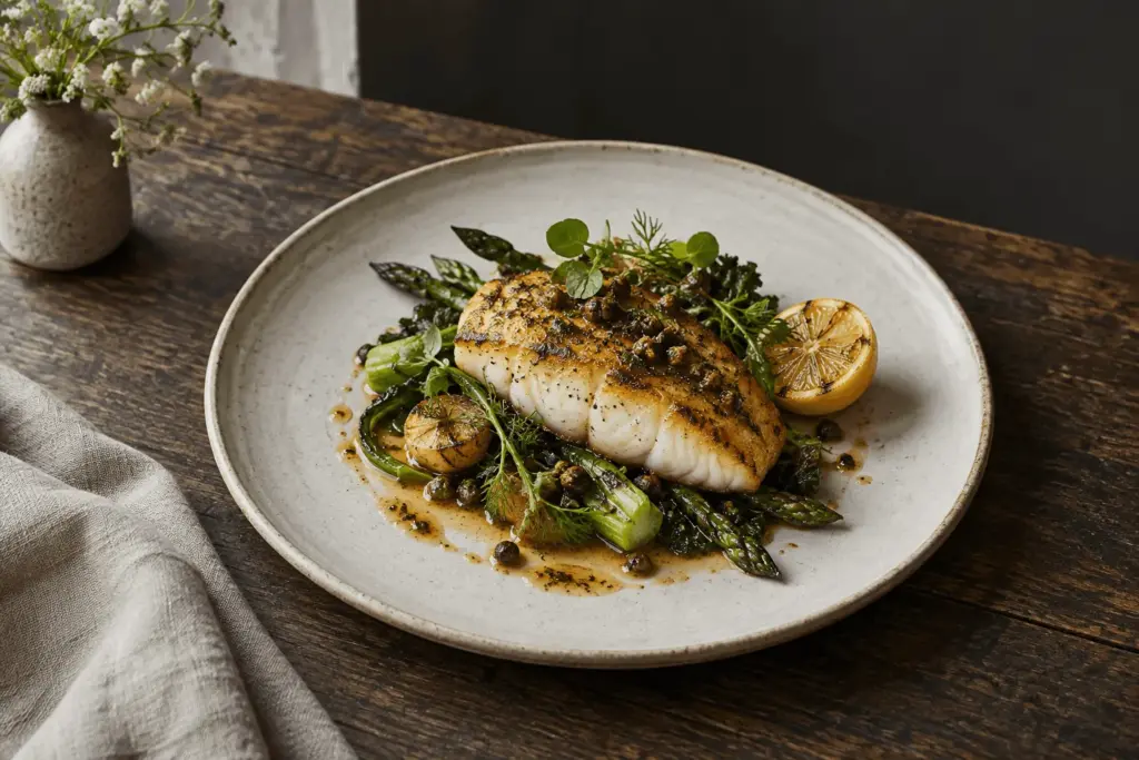 Market fish with greens and brown butter