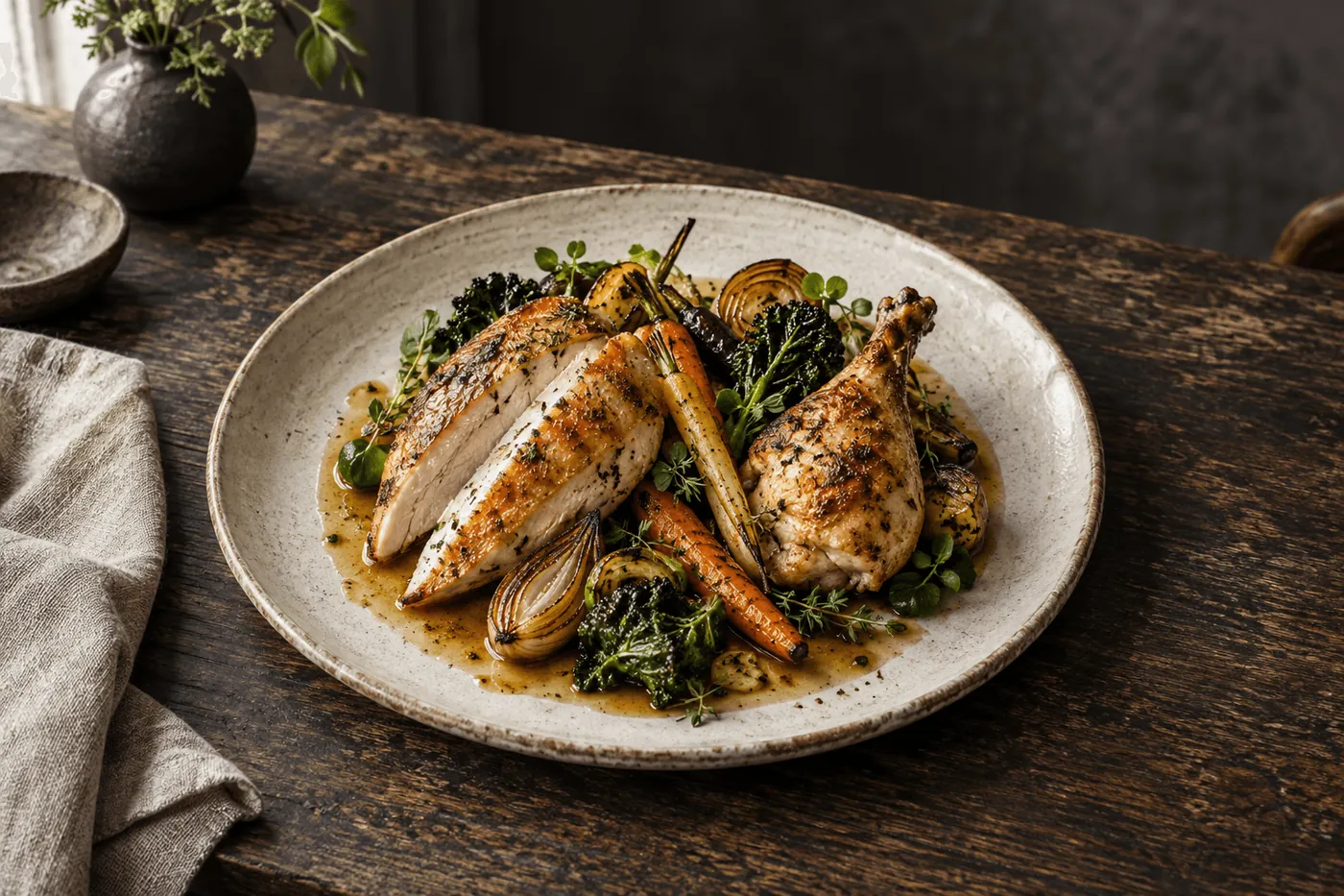 Roasted chicken with pan juices and seasonal vegetables