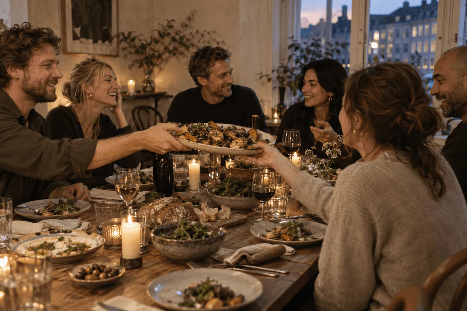 Friends sharing plates around a long table in the evening