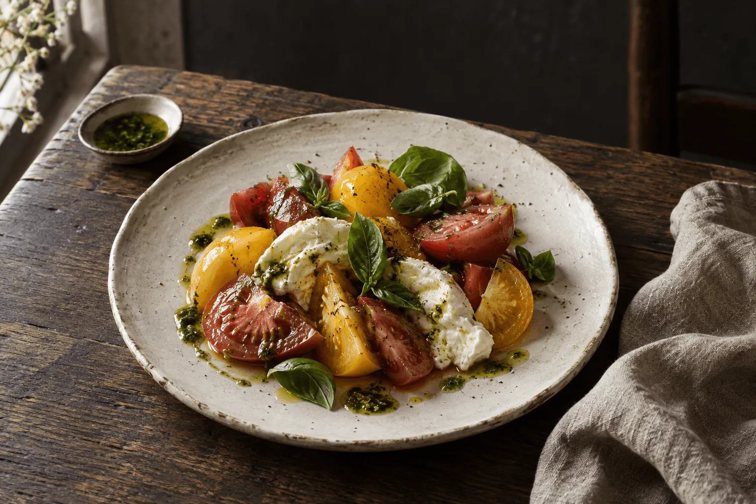 Heirloom tomatoes, basil and fresh cheese