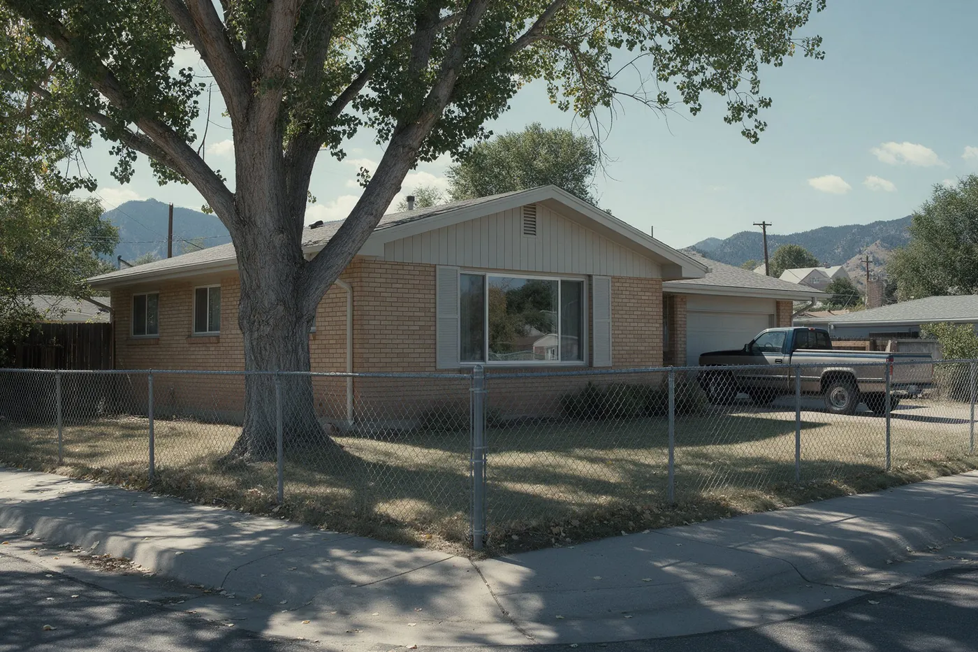 A small 1950s brick ranch house under a big tree in Englewood