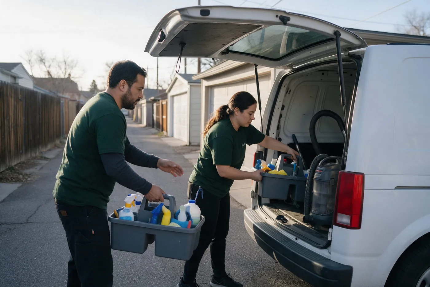 Two cleaners loading supply caddies and a vacuum into a white van in an alley