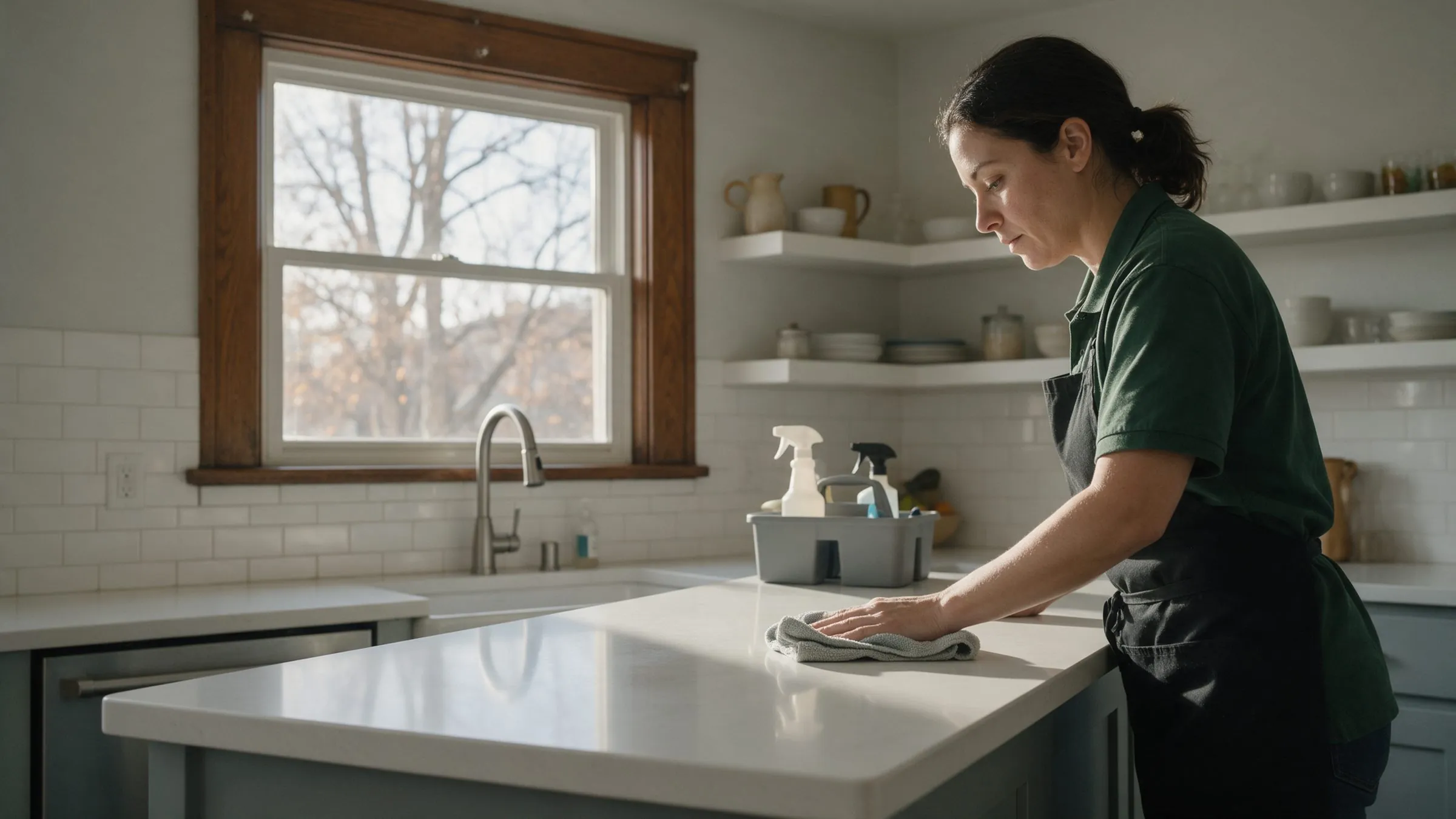 Cleaner in a green work shirt wiping a white quartz kitchen island in a bungalow kitchen with wood window trim