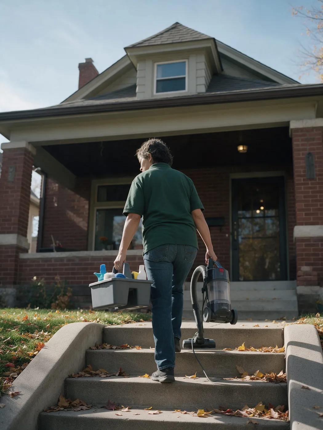 Cleaner carrying a supply caddy and vacuum up the front steps of a red brick bungalow in autumn