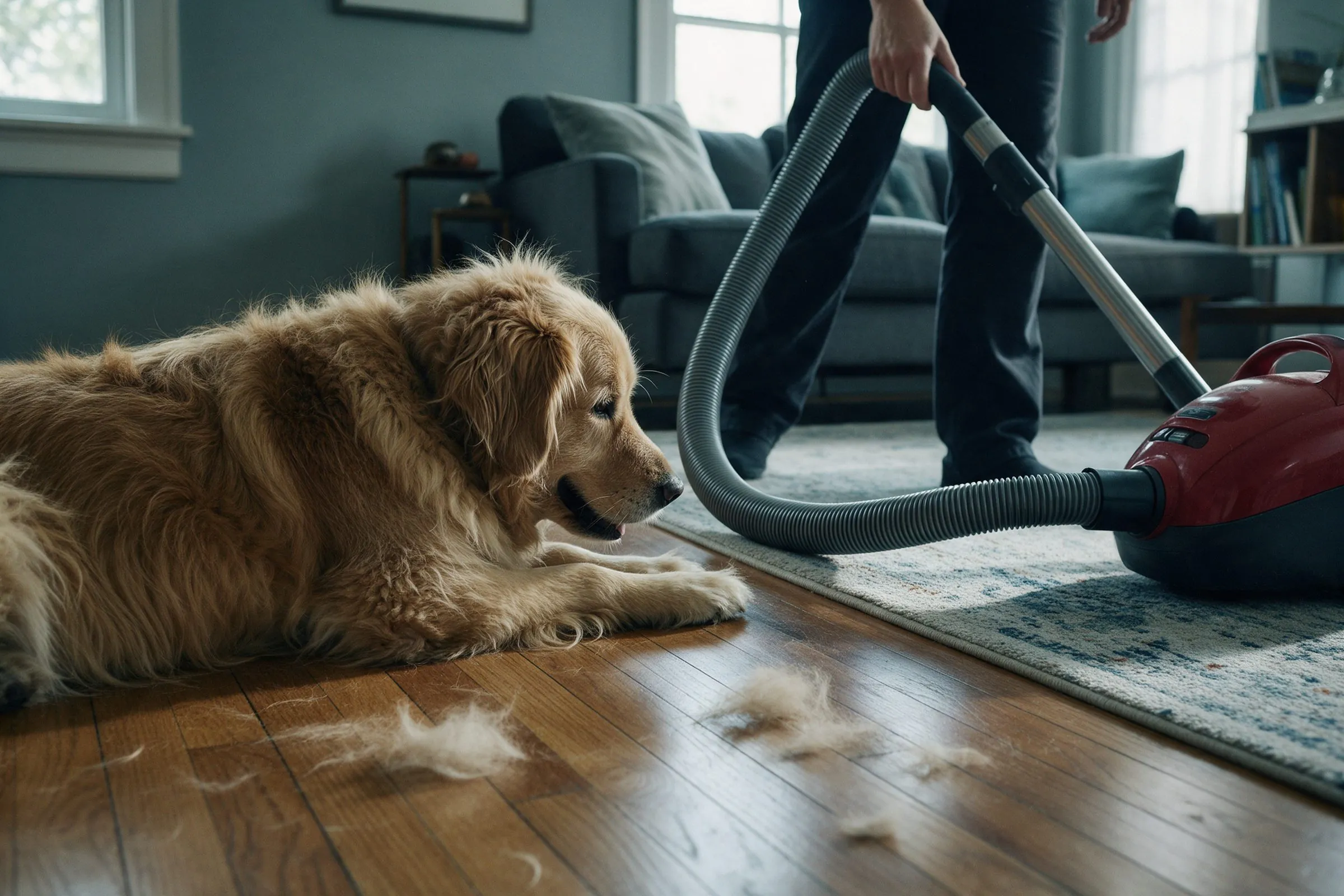A golden retriever lying on a wooden floor while a vacuum picks up dog hair
