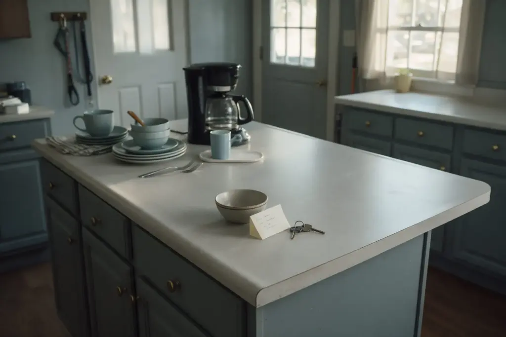 A tidy kitchen island with a coffee maker, cups and a set of keys left out for the cleaners