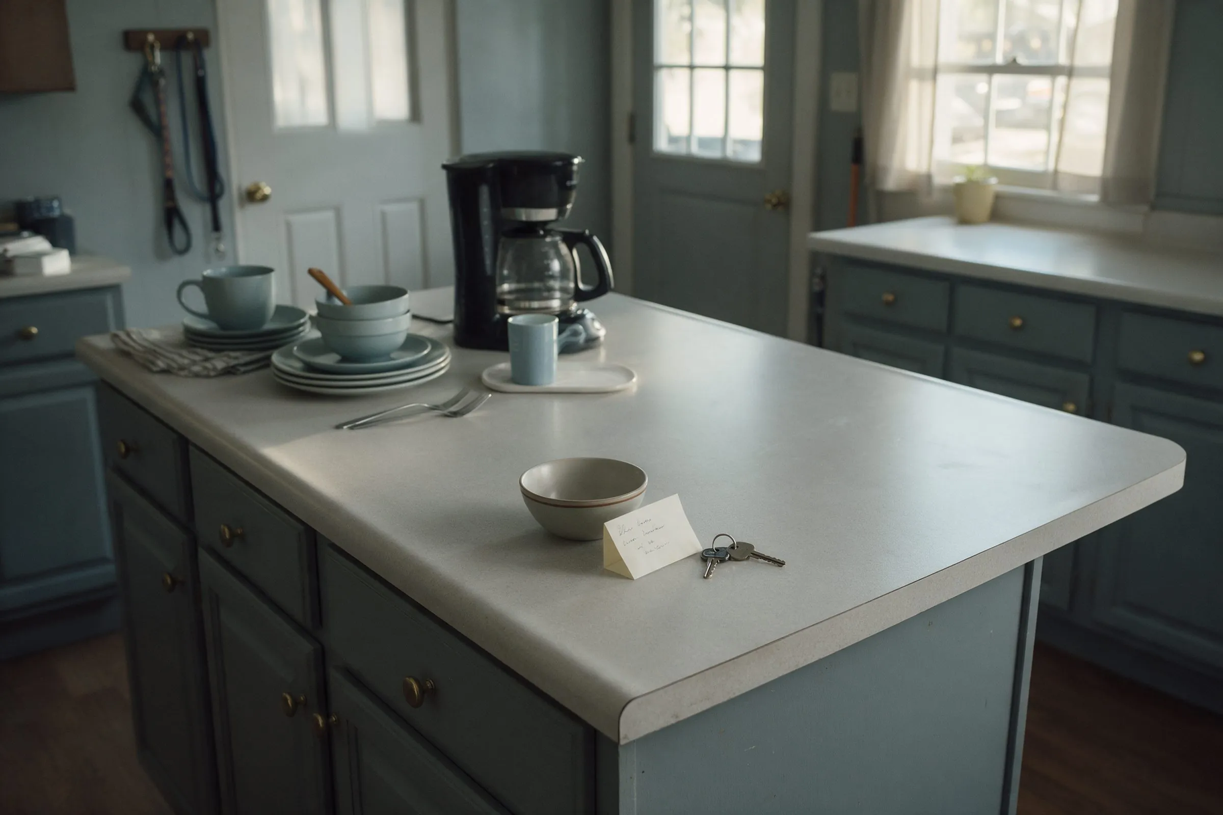 A tidy kitchen island with a coffee maker, cups and a set of keys left out for the cleaners