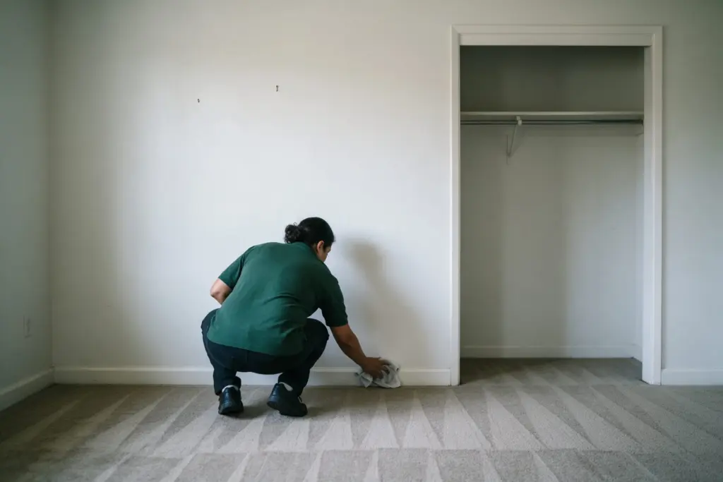 Cleaner wiping the baseboard of an empty bedroom next to an open closet