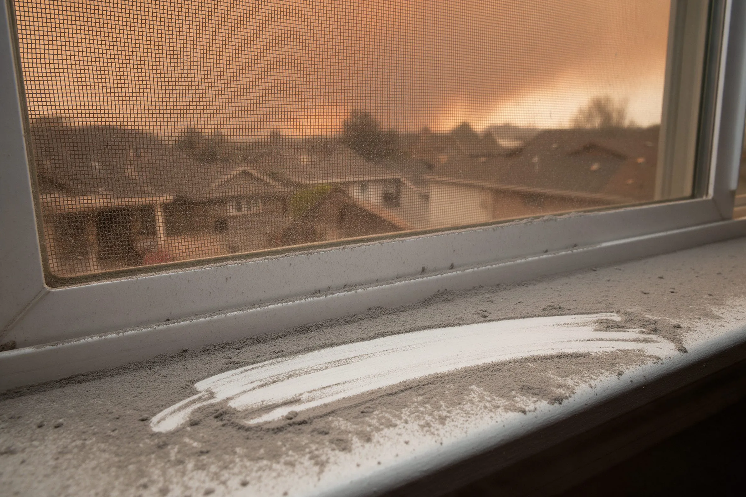 Grey ash on a window sill, an orange smoke-filled sky outside