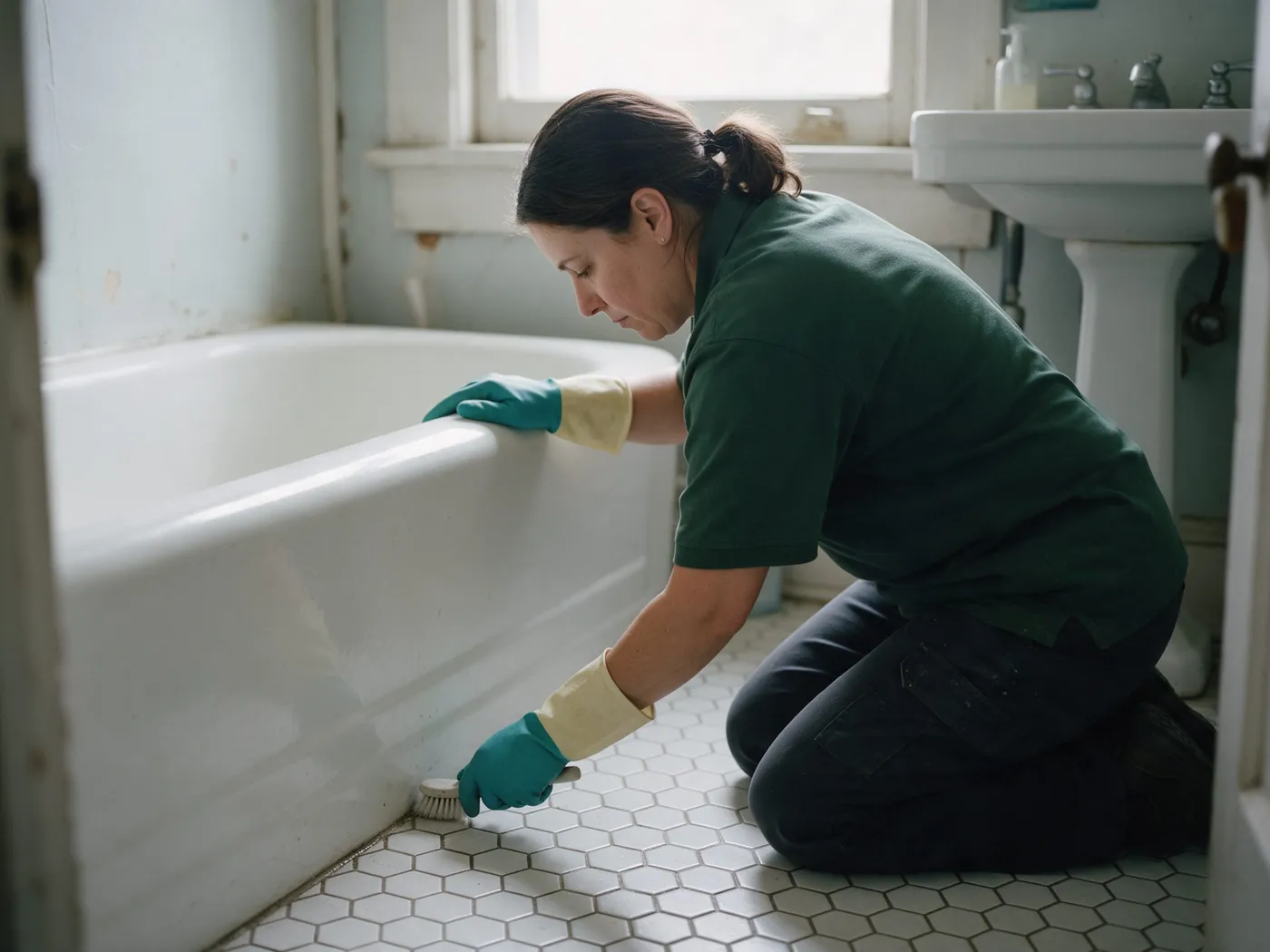 Cleaner kneeling to scrub the tub and the hexagon floor tiles of a white bathroom