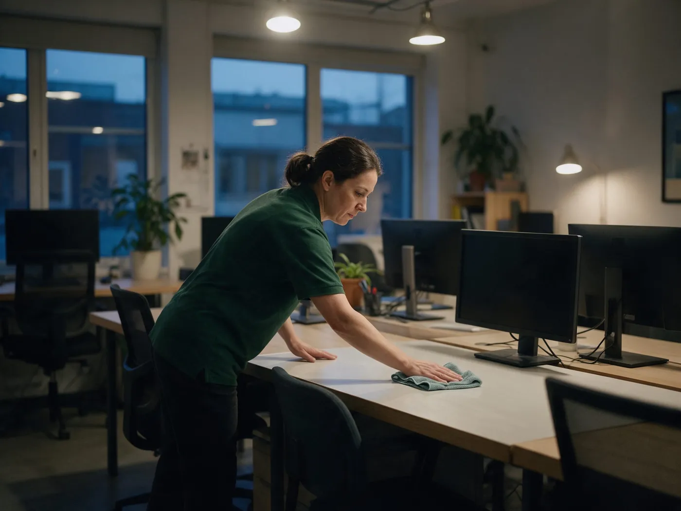 Cleaner wiping a desk in an open-plan office at dusk