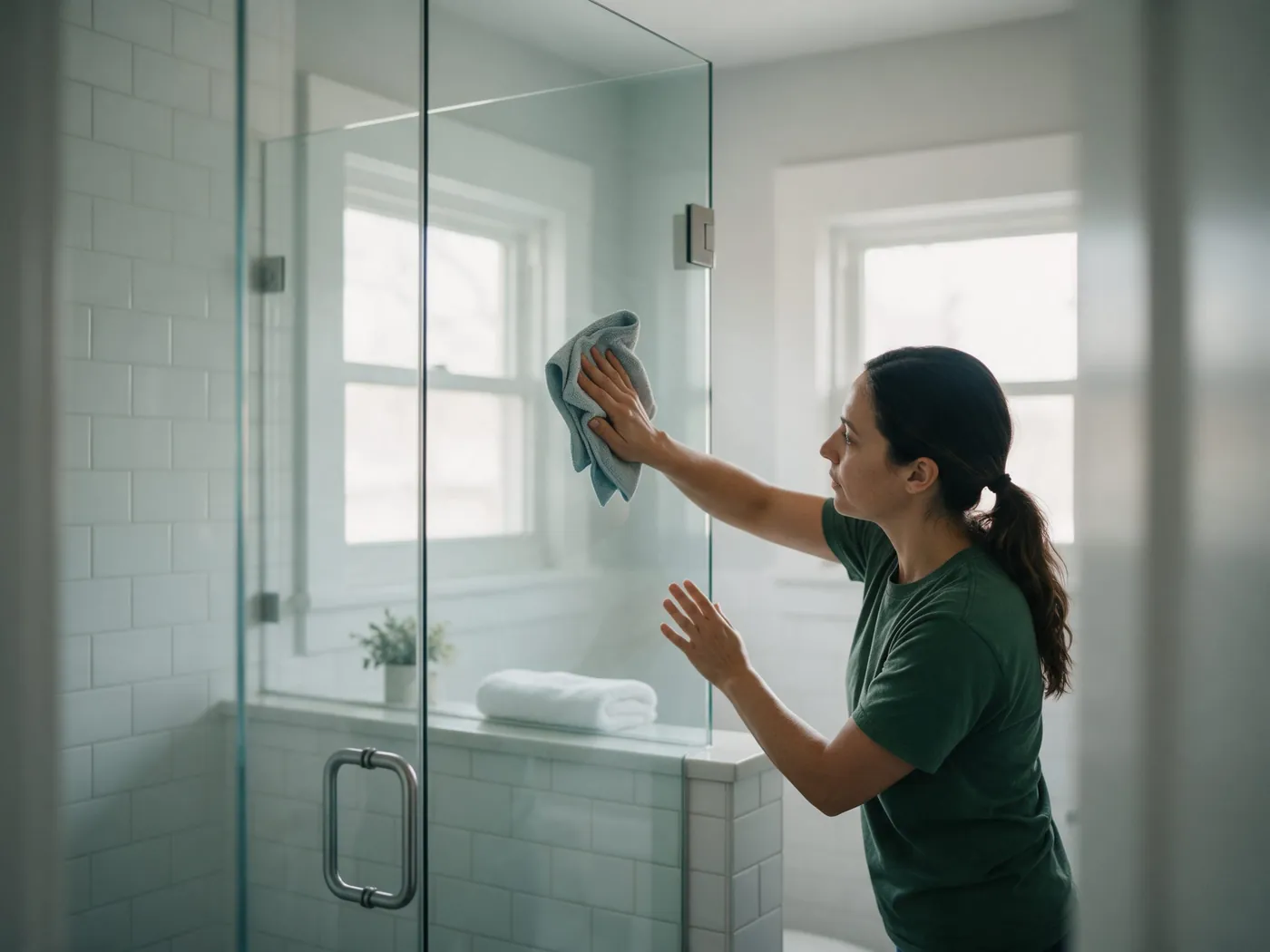 Cleaner wiping a glass shower screen in a bright white bathroom