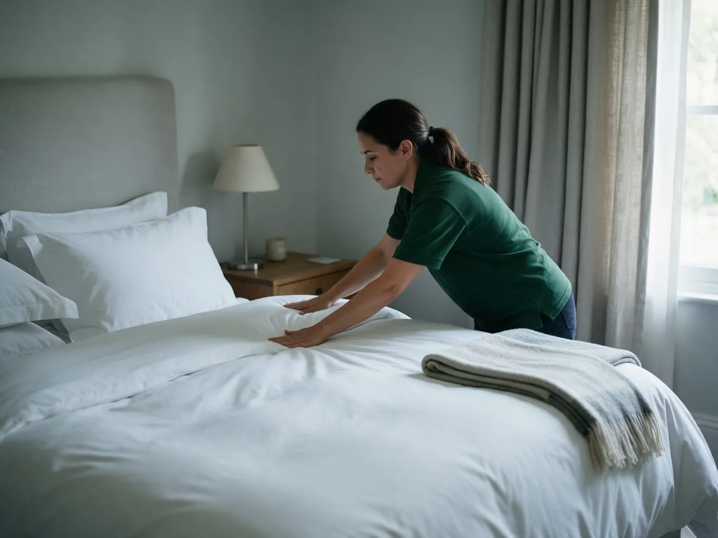 Cleaner smoothing a fresh white duvet on a made bed