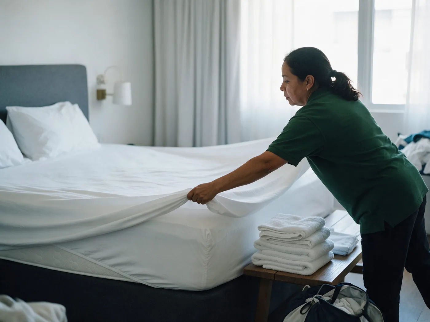 Cleaner fitting a fresh sheet on a guest bed, folded towels beside it