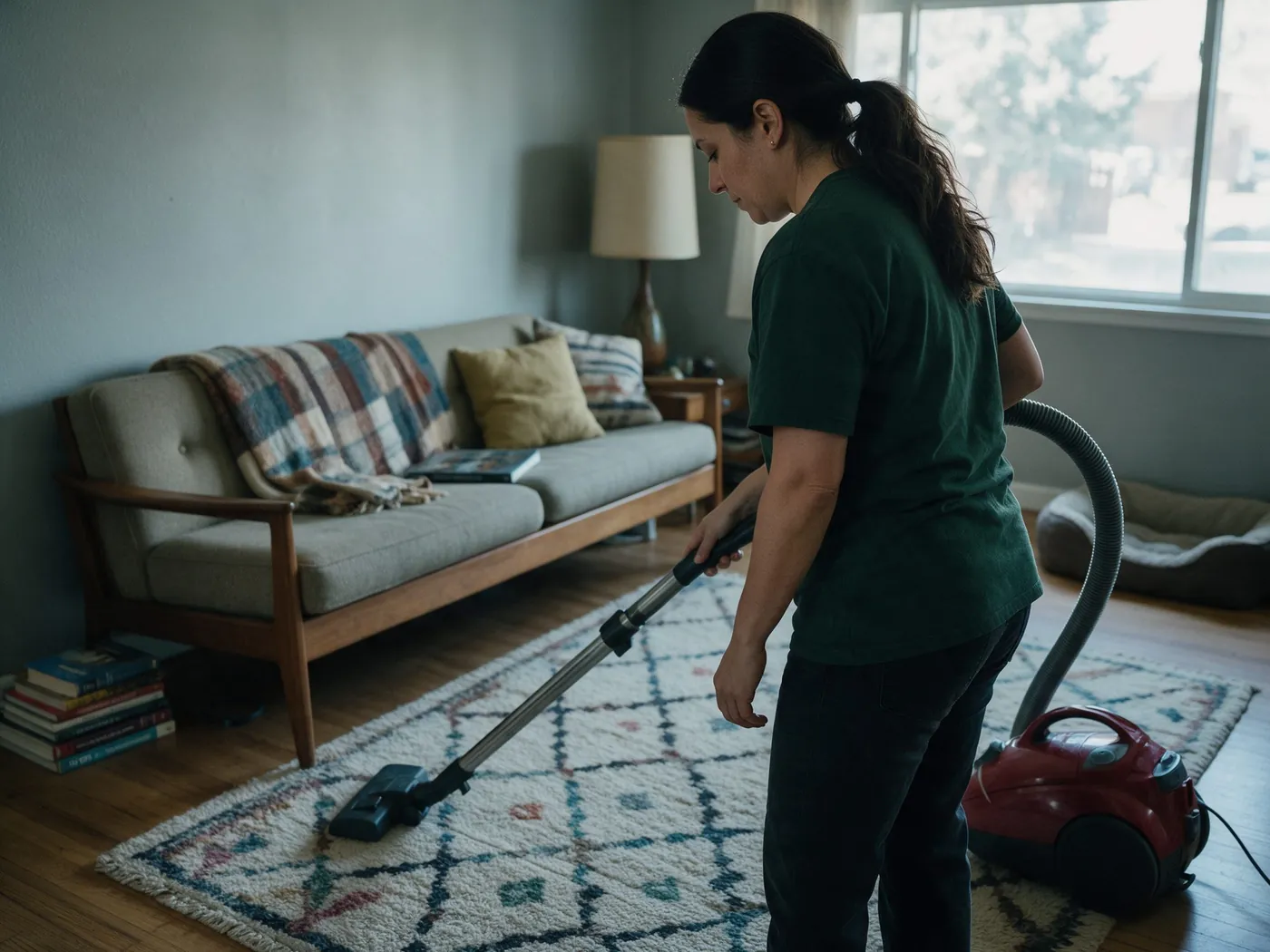 Cleaner vacuuming a patterned rug in a living room with a wooden sofa