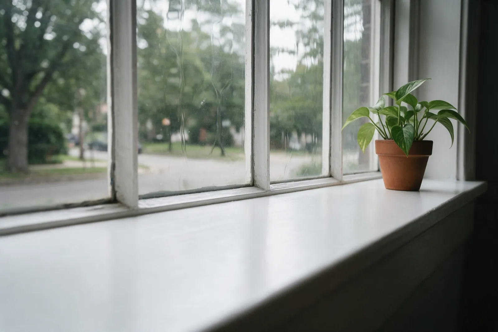 Clean white-painted window sill with a pothos plant in a terracotta pot, street trees outside