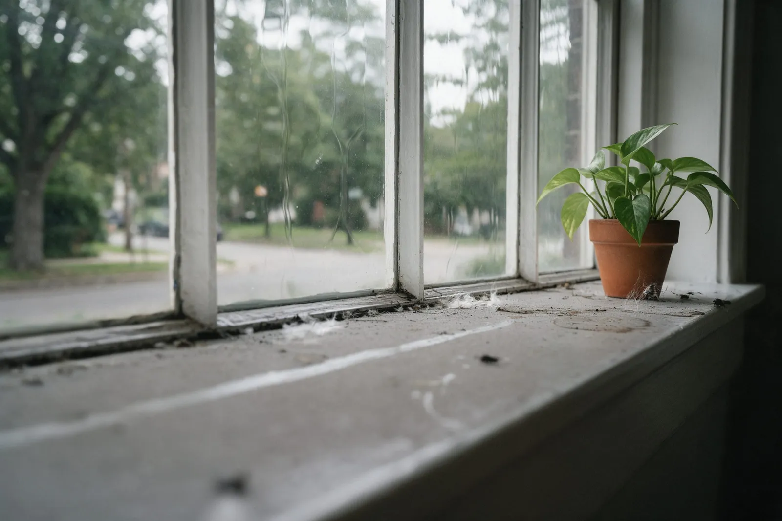 The same window sill covered in grey dust with a finger streak, dead flies and grime in the window track