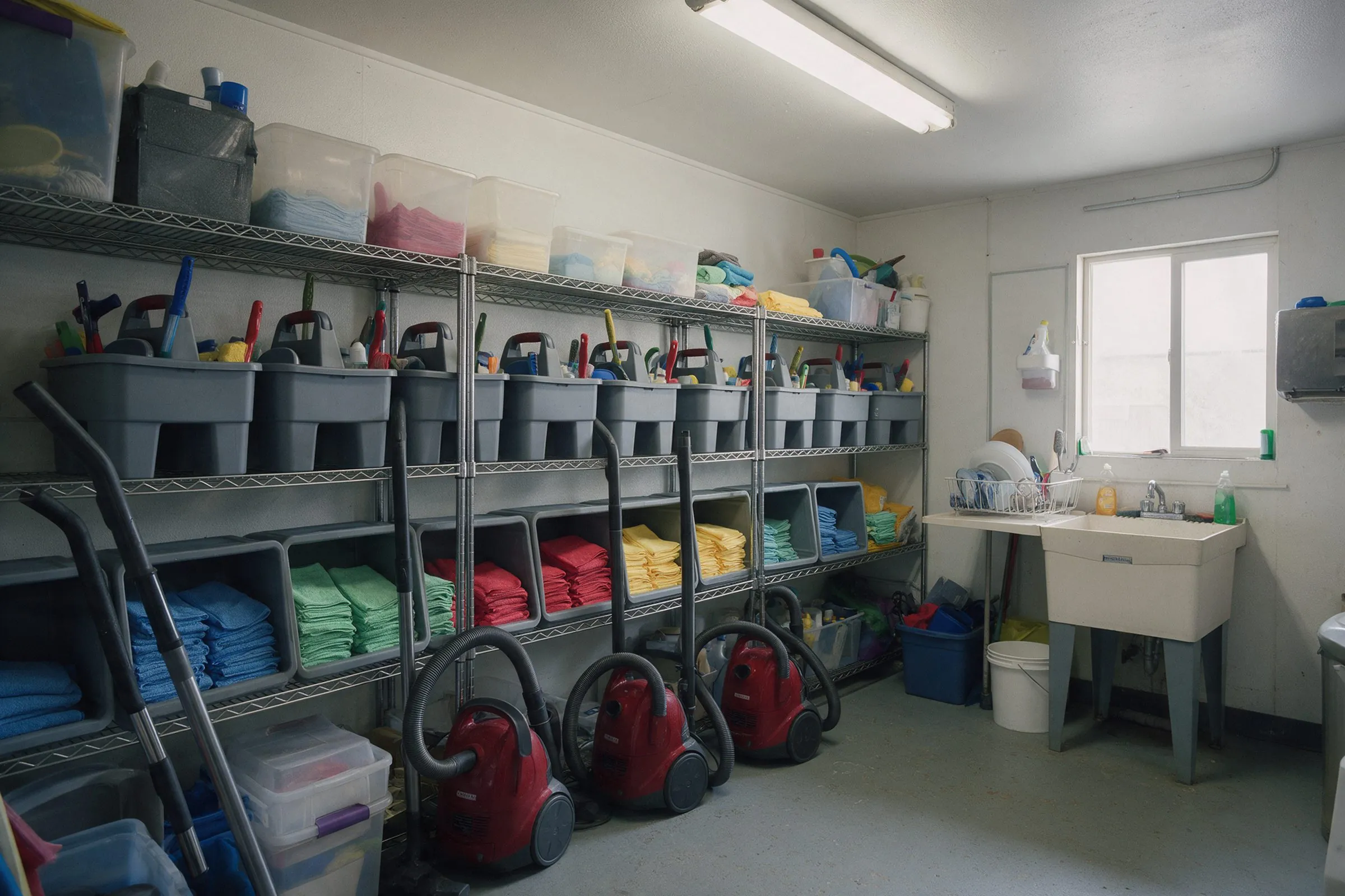 Supply room with rows of grey cleaning caddies, microfiber cloths sorted by color and red canister vacuums
