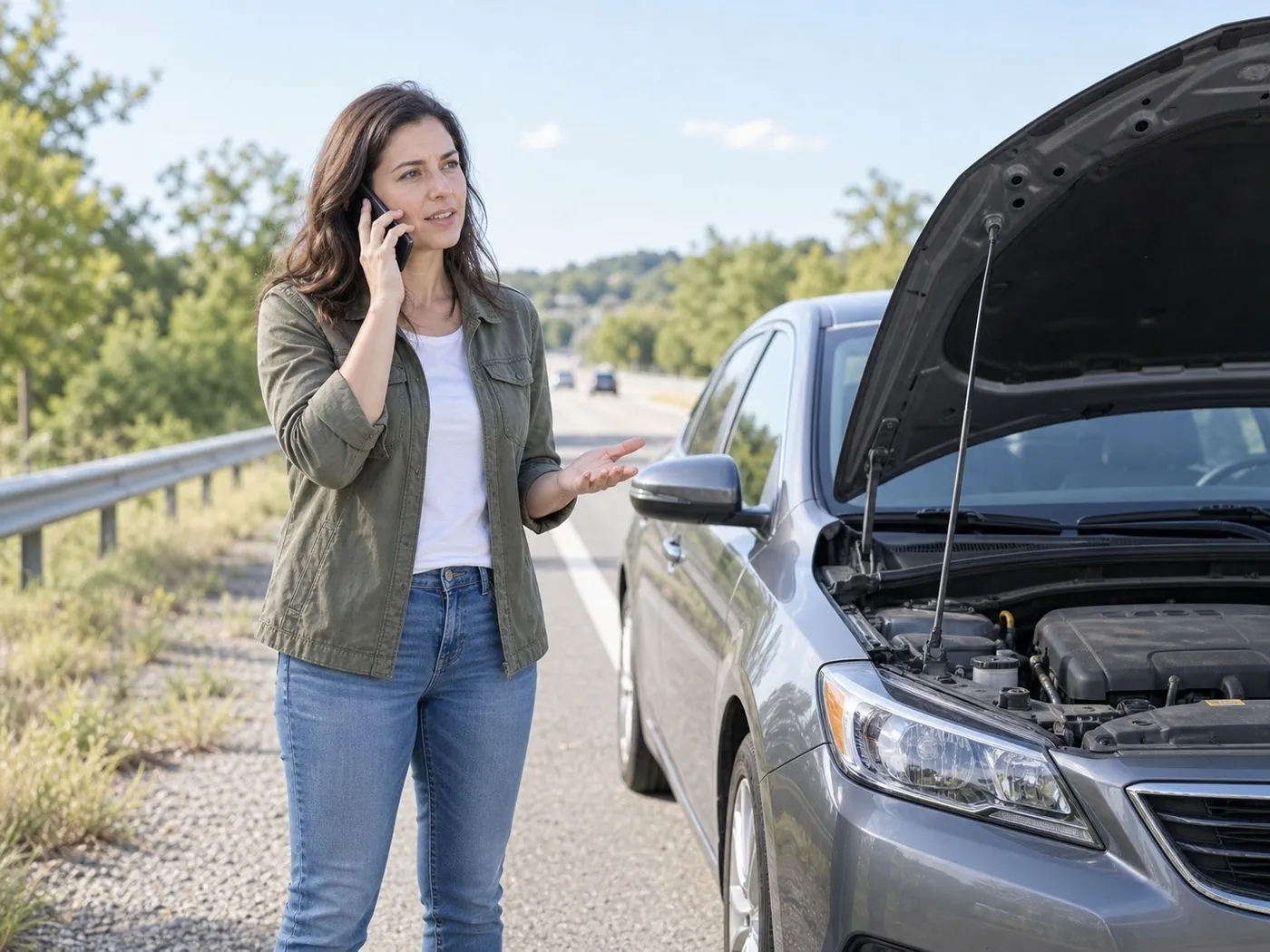 A driver calling for roadside assistance beside her stopped car