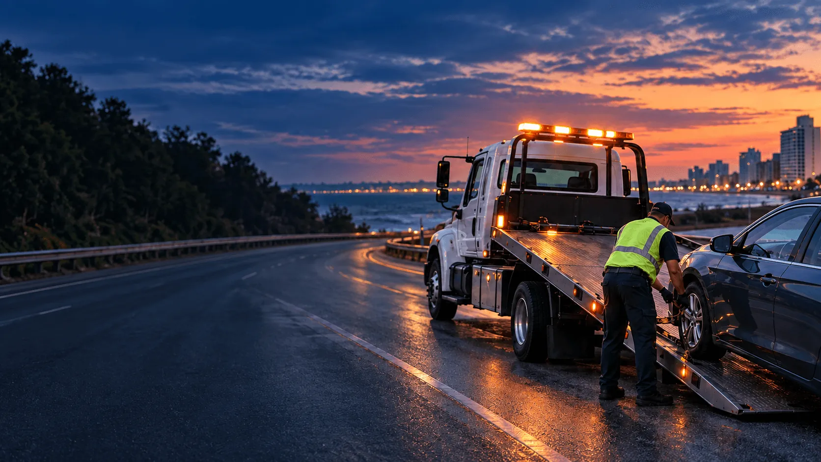 A flatbed tow truck loading a car on a coastal highway at dusk