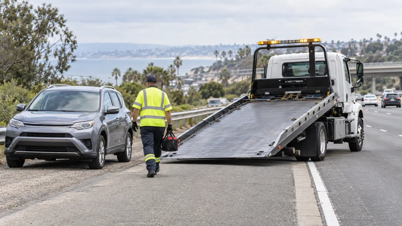 A tow operator walking up the lowered flatbed to help a stopped car