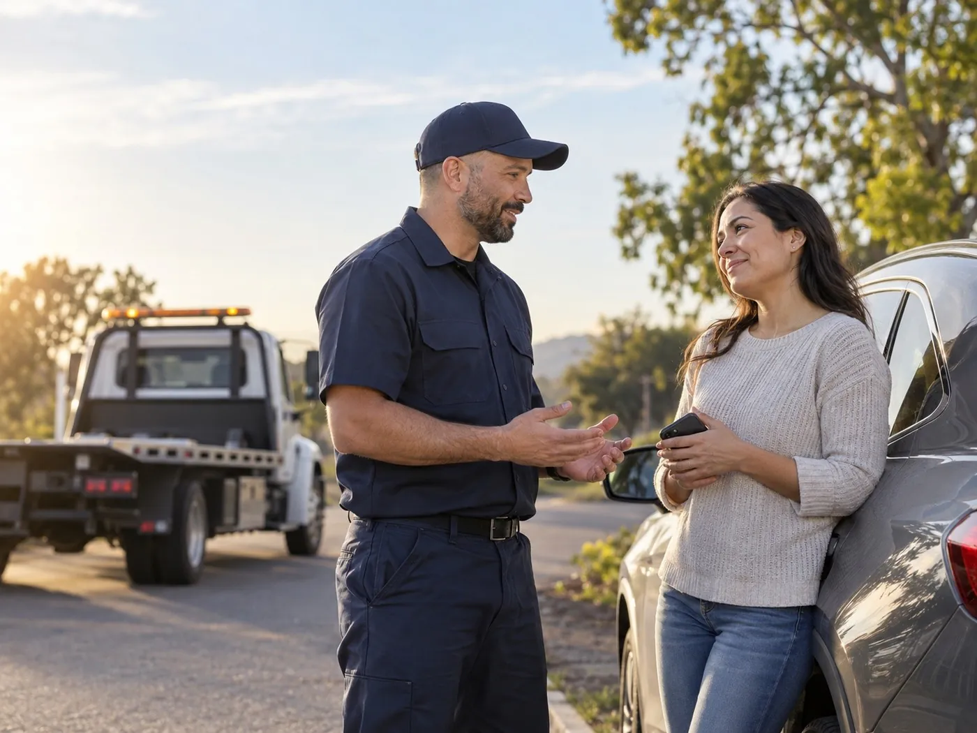A tow operator talking a driver through the next steps beside her car