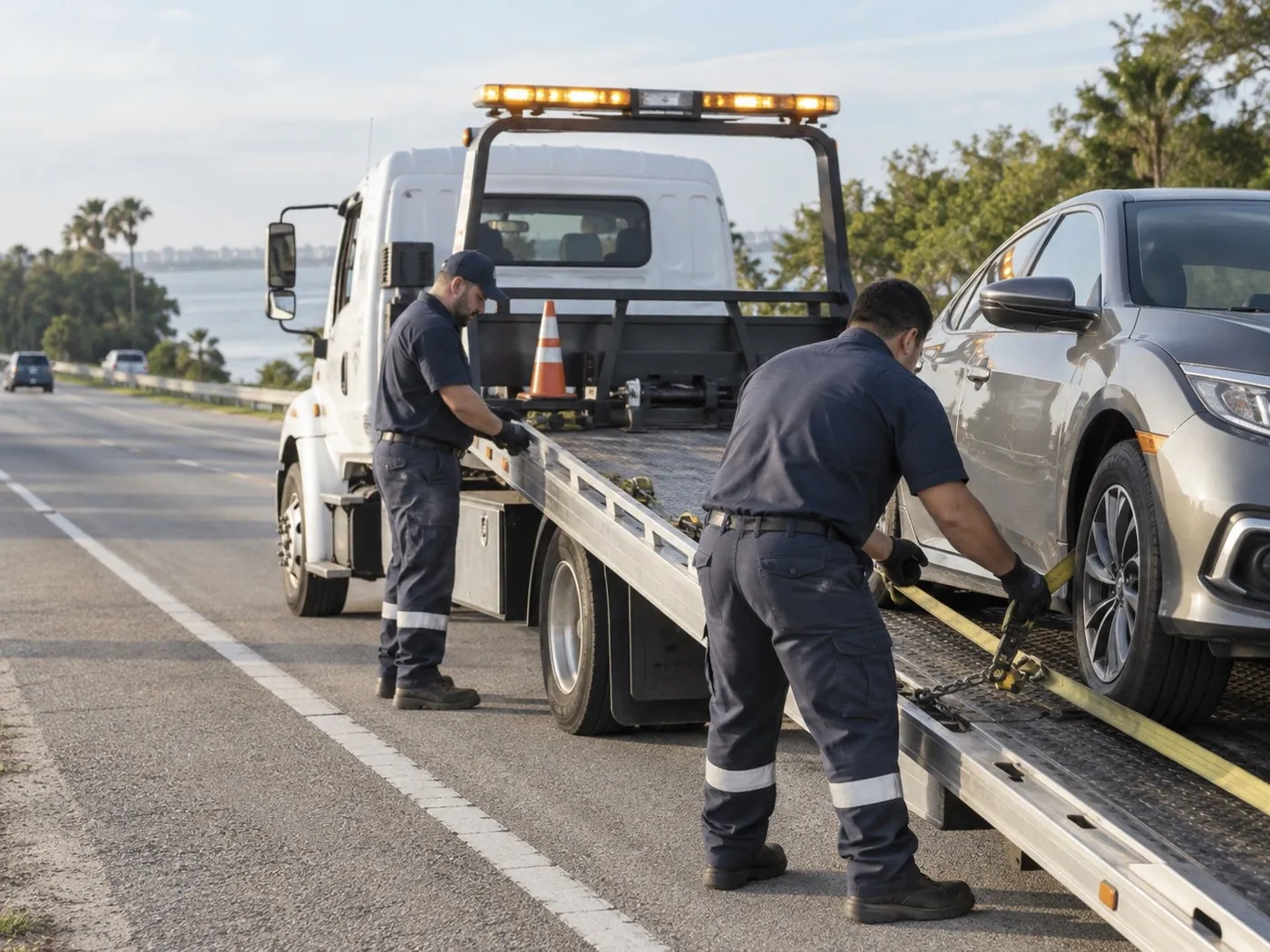 Two operators securing a car on a flatbed tow truck at the roadside