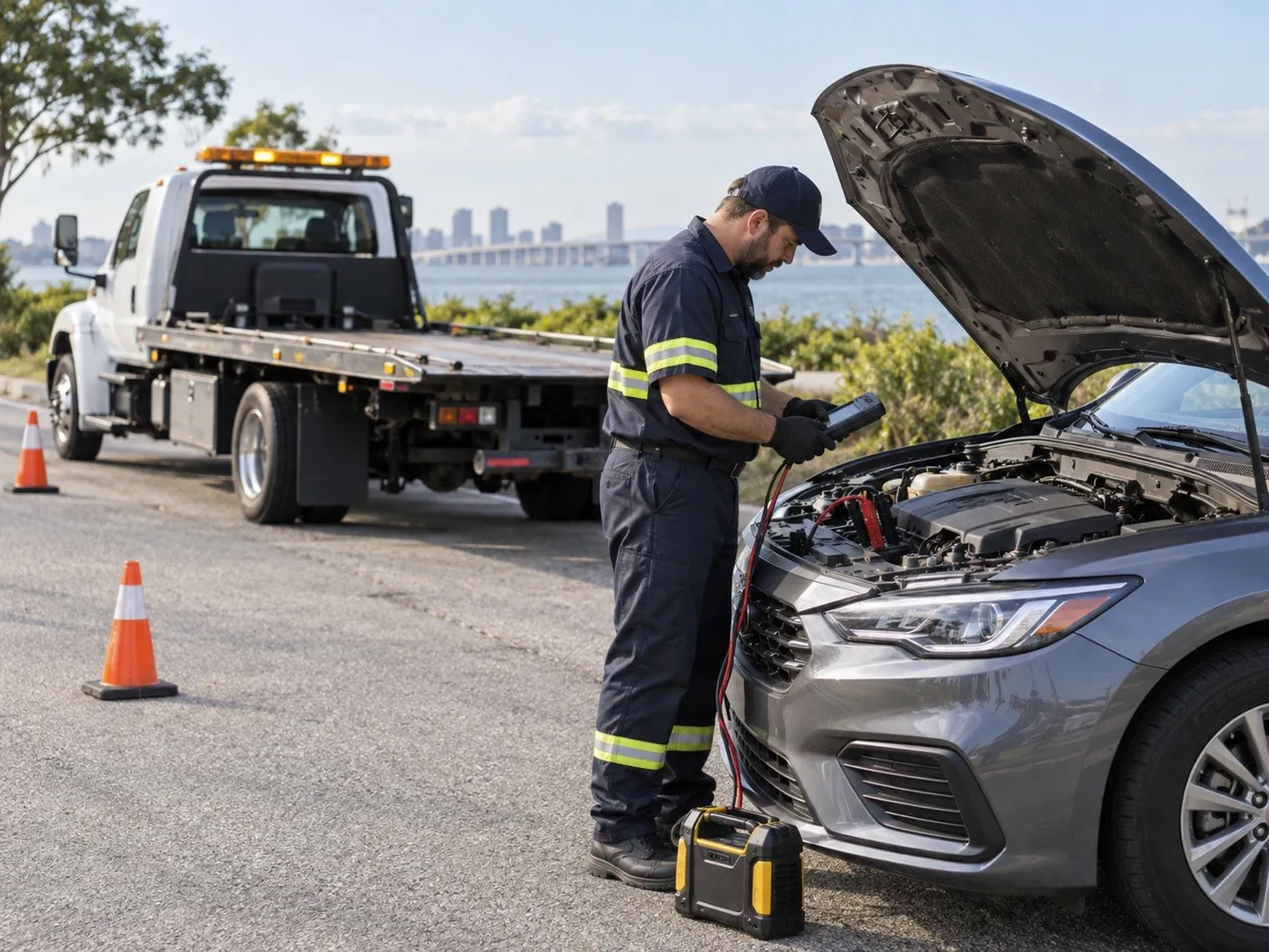 A roadside technician checking a car while a flatbed waits behind