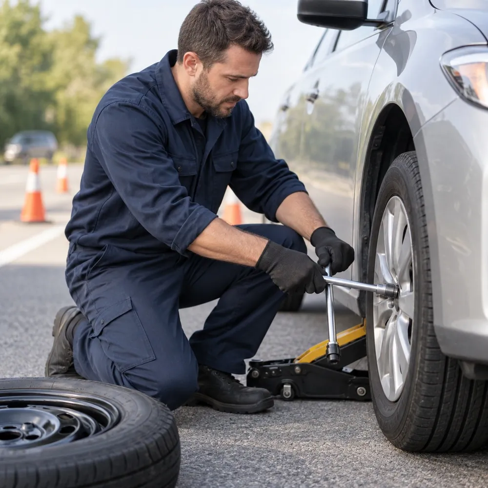 A technician changing a tire at the roadside