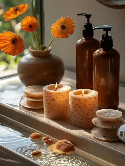 Candles, oil bottles and orange flowers on a spa tray