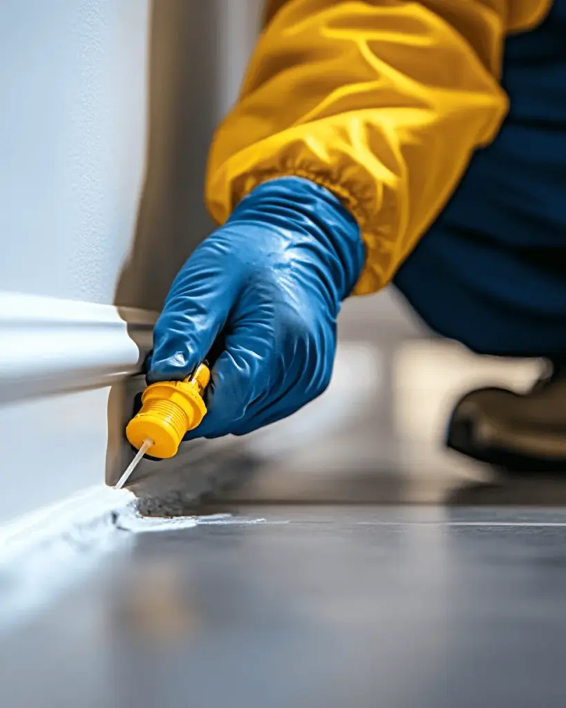 Blue-gloved hand sealing a baseboard gap with a yellow applicator