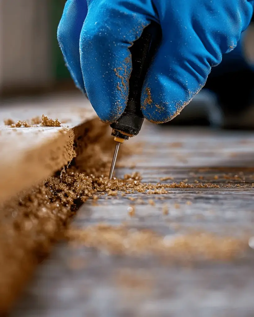 Blue-gloved hand brushing debris out of a floorboard crack