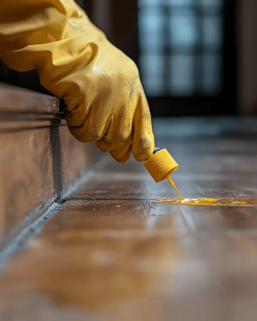 Yellow-gloved hand applying gel along a baseboard