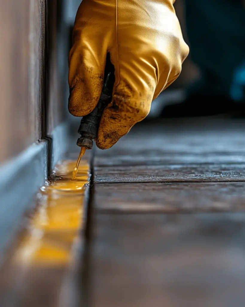 Gloved hand tracing a thin line of treatment along a baseboard
