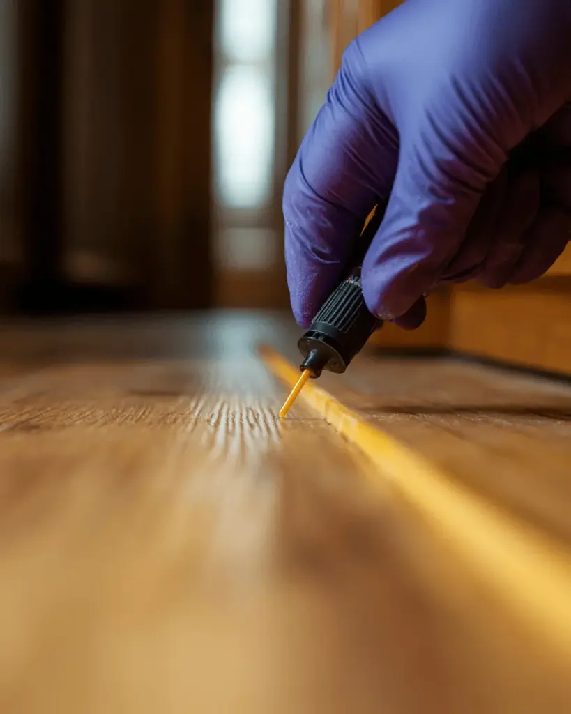Purple-gloved hand treating the edge of a wooden floor in warm light