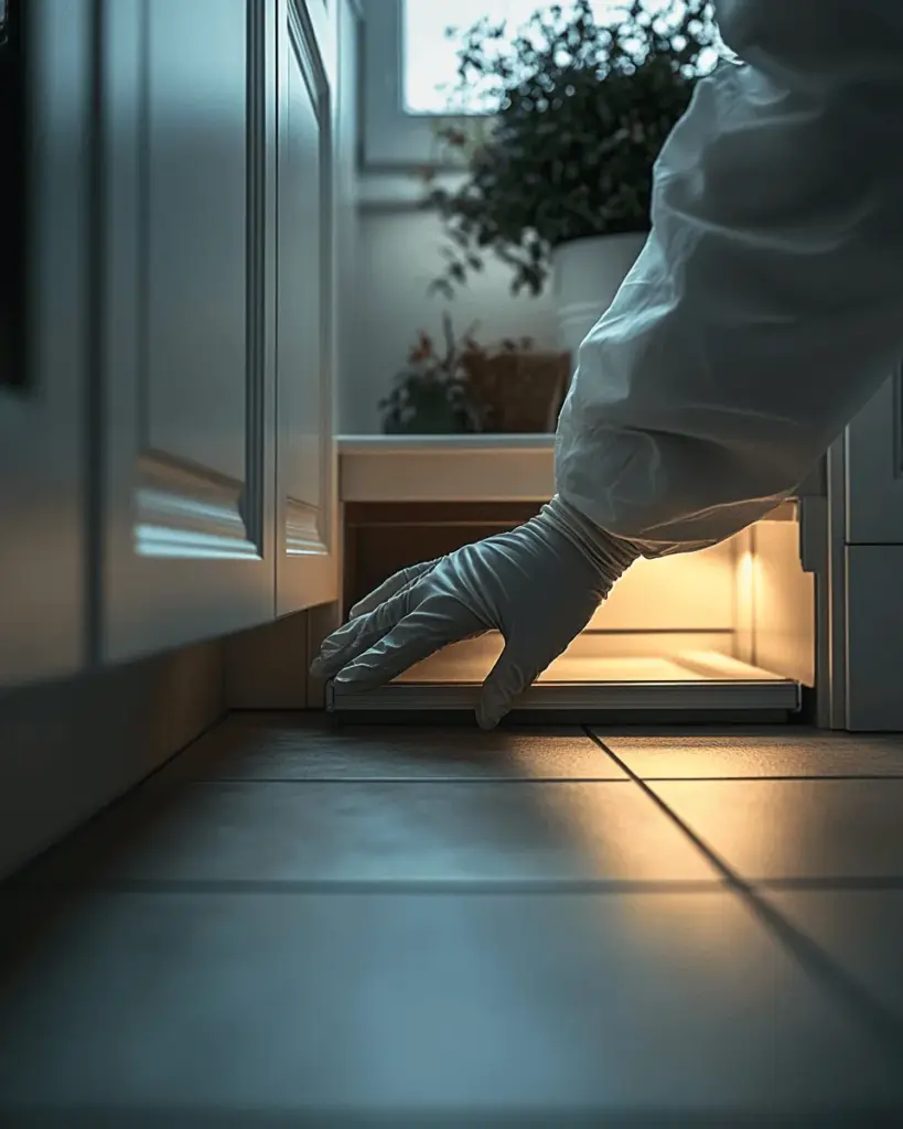 Gloved hand checking the threshold of a bright kitchen doorway