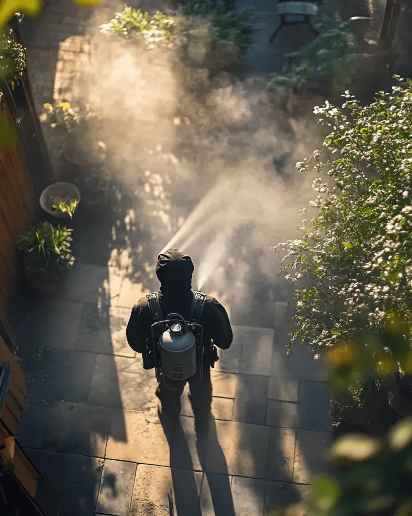 Technician misting a shaded garden path