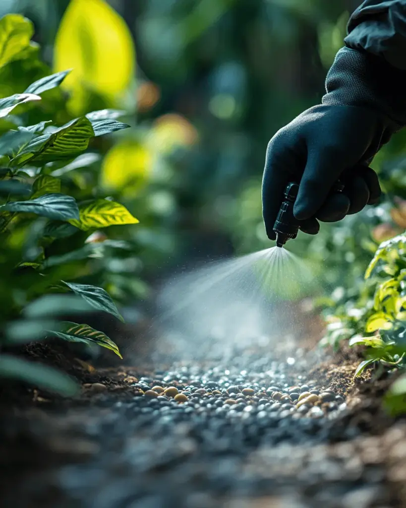 Gloved hand misting low plants along a gravel border