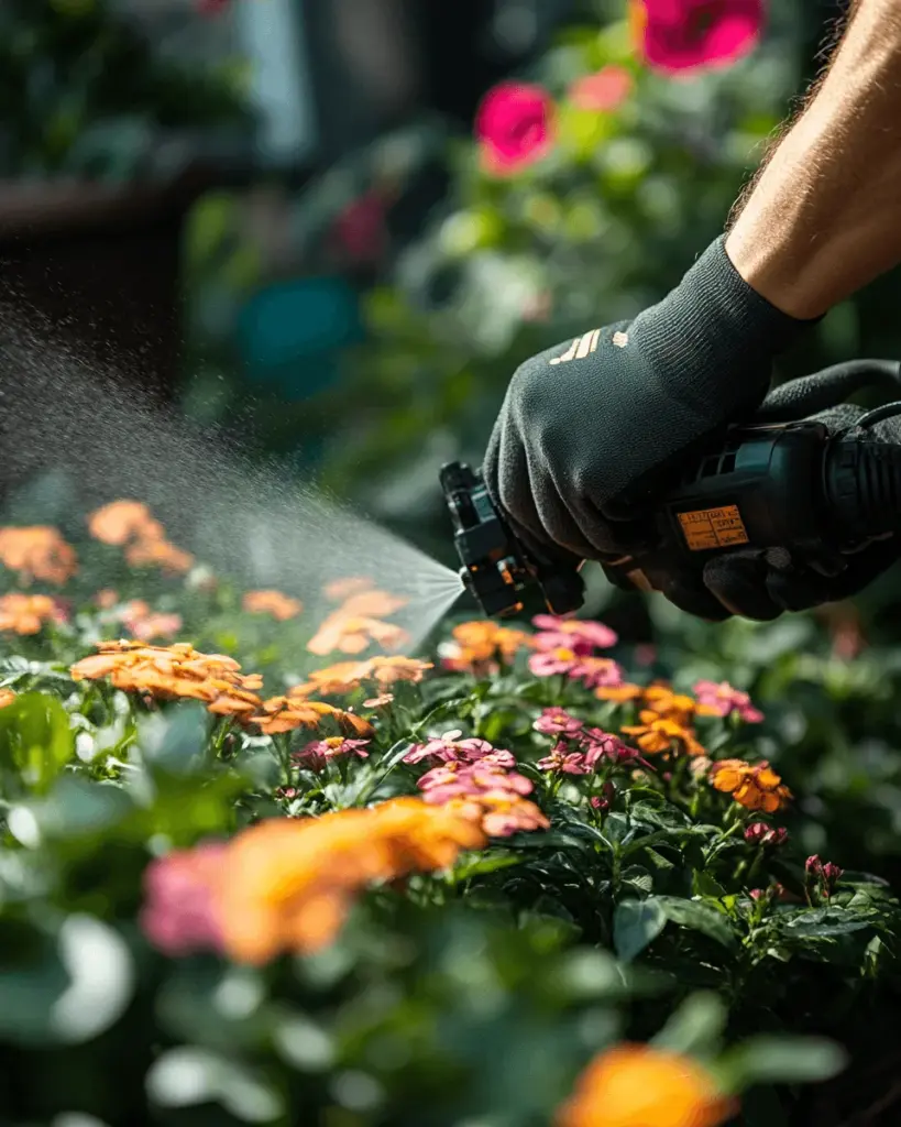 Gloved hand spraying a mist over bright flower beds