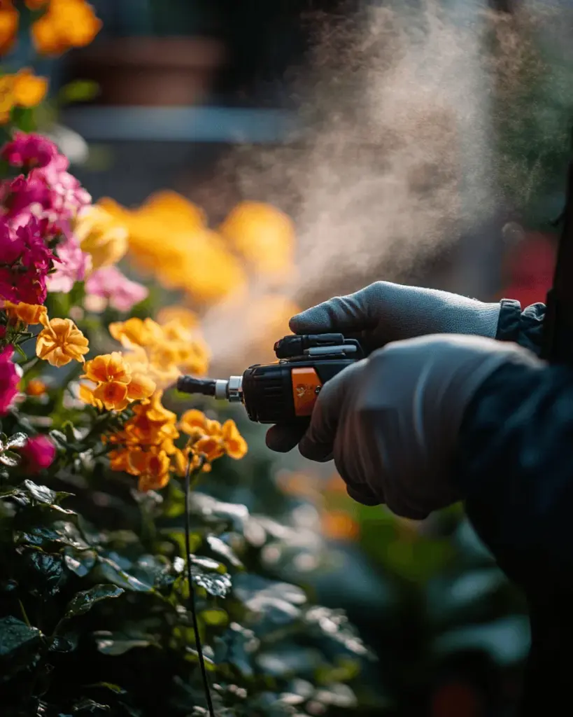 Gloved hand misting pink and orange flowers
